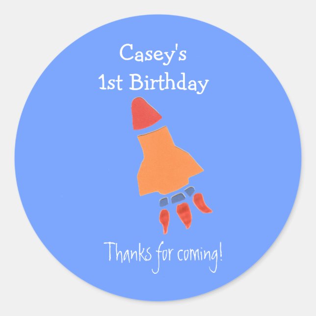 Blue rocket 1st birthday favour label (Front)
