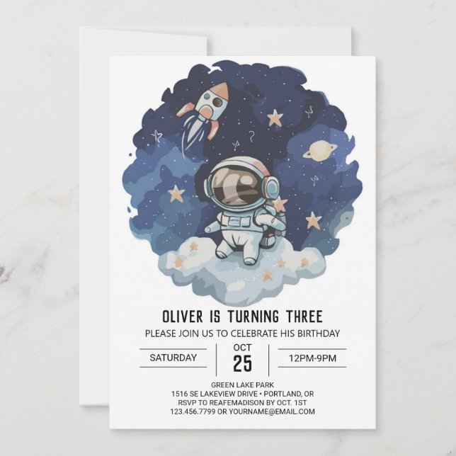 Blue Rocket Modern Astronaut Boy Birthday Invitation (Front)