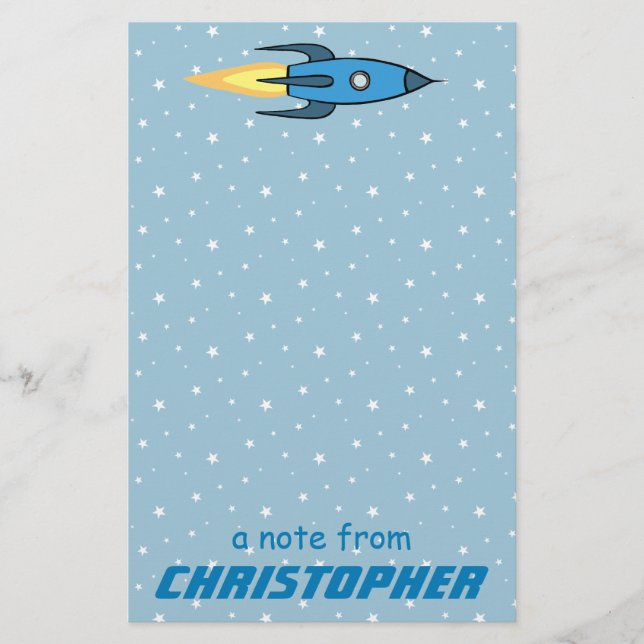 Blue Rocket Ship Outer Space Kids Personalised Boy Stationery (Front)