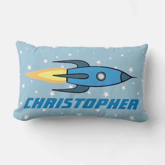 Blue Rocket Ship Outer Space Personalised Boys Lumbar Cushion (Front)