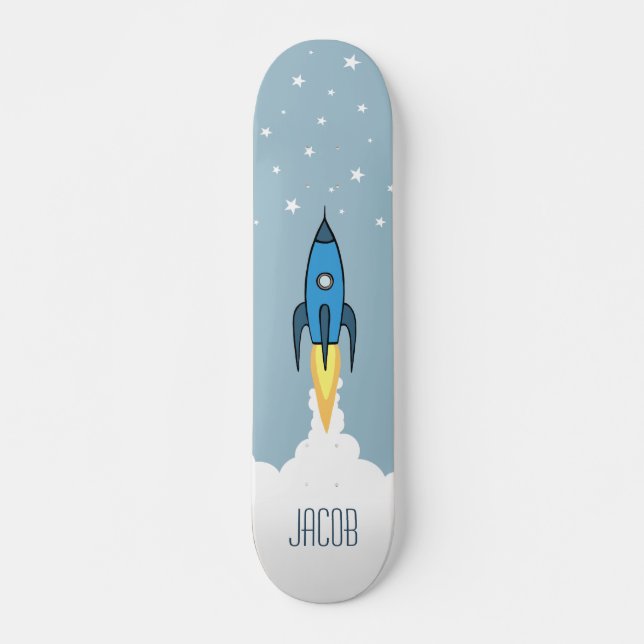 Blue Rocket Ship Outer Space Personalised Name Boy Skateboard (Front)