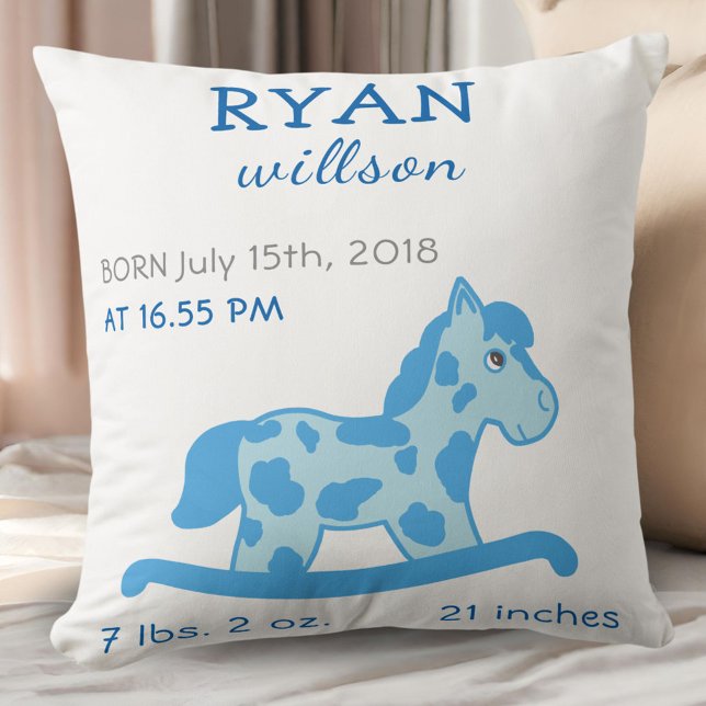  Blue Rocking Horse Baby Boy Birth Stats Cushion (Creator Uploaded)