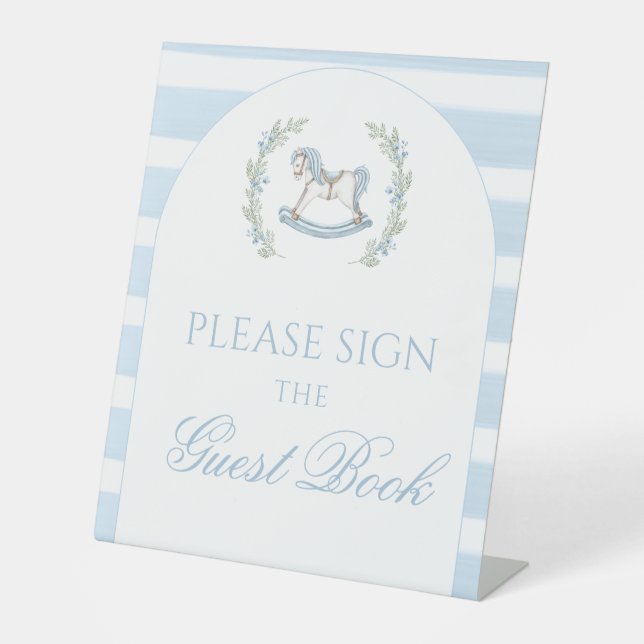 Blue rocking horse Baby boy shower Guest book sign (Front)