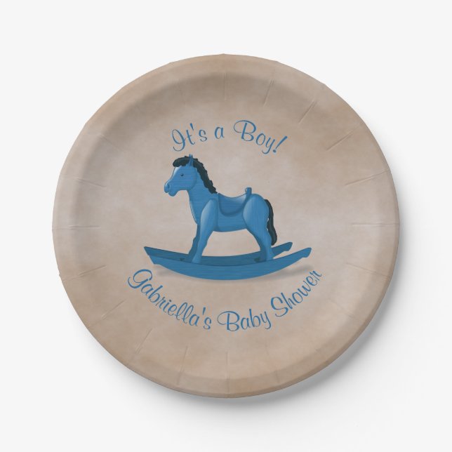 Blue Rocking Horse Baby Shower Paper Plate (Front)