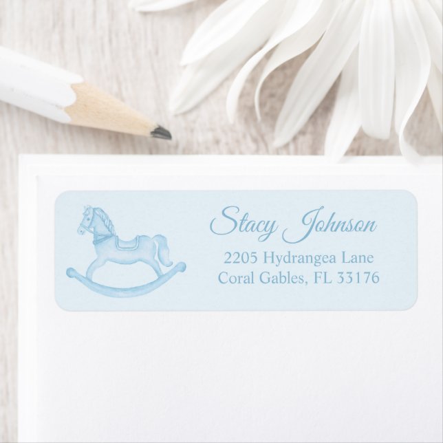 Blue Rocking Horse Baby Shower Return Address Label (Insitu)