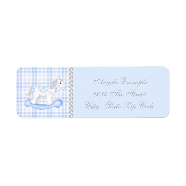 Blue Rocking Horse Baby Shower Return Address Label (Front)