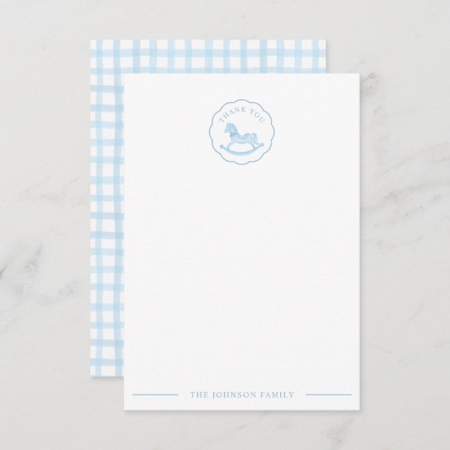 Blue Rocking Horse Baby Shower Thank You Card (Front/Back)