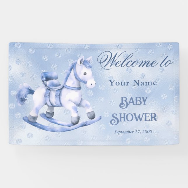 Blue Rocking Horse Baby Shower Welcome Banner (Horizontal)