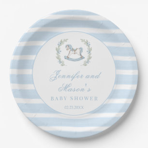 Blue rocking horse bohemian baby boy shower paper plate