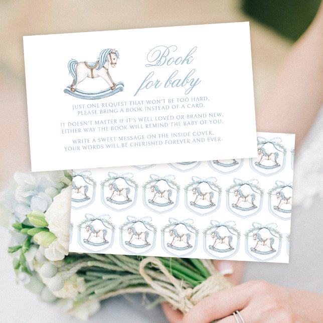 Blue rocking horse book for baby boy shower enclosure card (Creator Uploaded)