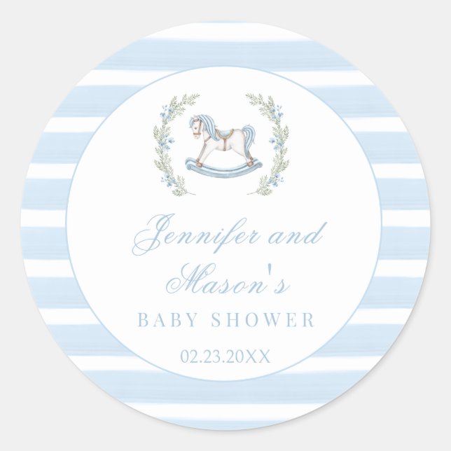 Blue rocking horse classic boho baby boy shower round sticker (Front)
