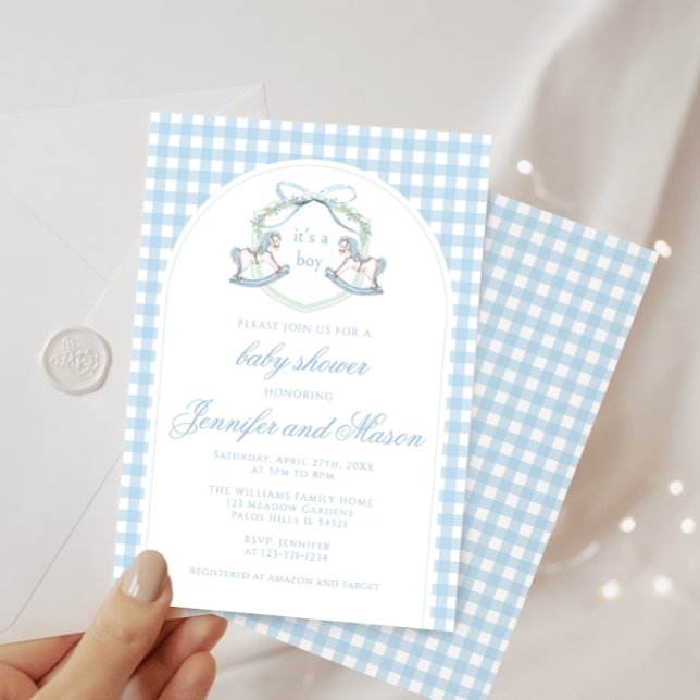 Blue rocking horse French crest baby boy shower Invitation (Creator Uploaded)