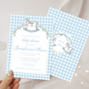 Blue rocking horse gingham boho baby boy shower invitation