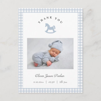 Blue Rocking horse Gingham Boy Birth Announcement Postcard