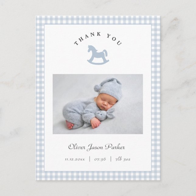 Blue Rocking horse Gingham Boy Birth Announcement Postcard (Front)