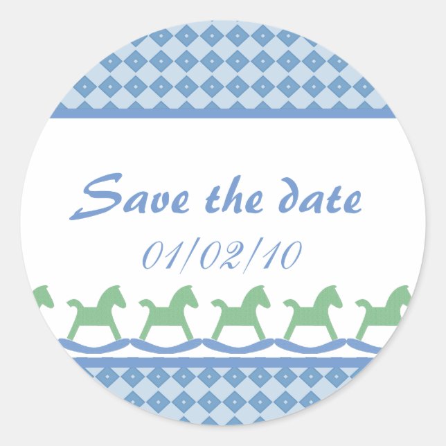 Blue Rocking Horse Save the Date Stickers (Front)