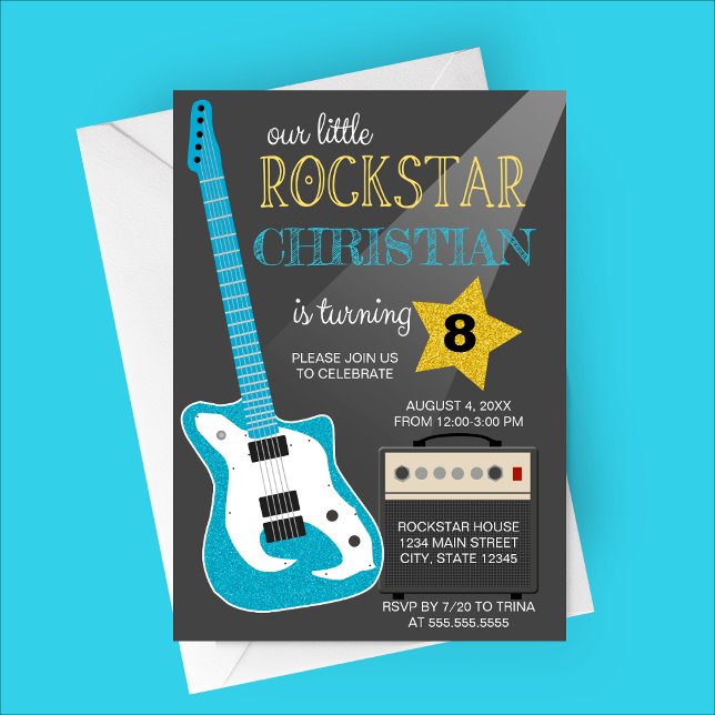 Blue Rockstar Birthday Party Invitation (Our Little Rockstar | Blue Guitar Birthday Party Invitation)