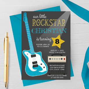 Blue Rockstar Birthday Party Invitation