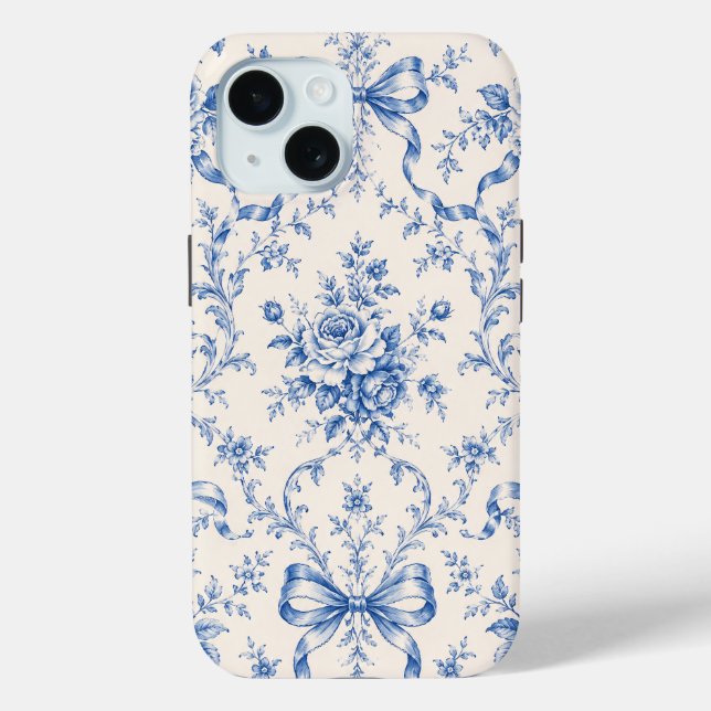 Blue Rococo Rose Ribbon Toile Phone Case (Back)