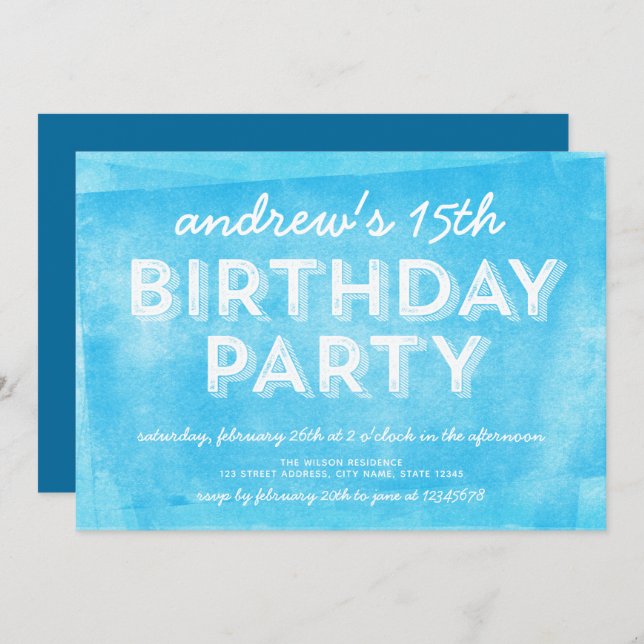 Blue Rolled Ink Any Age Birthday Invitation (Front/Back)
