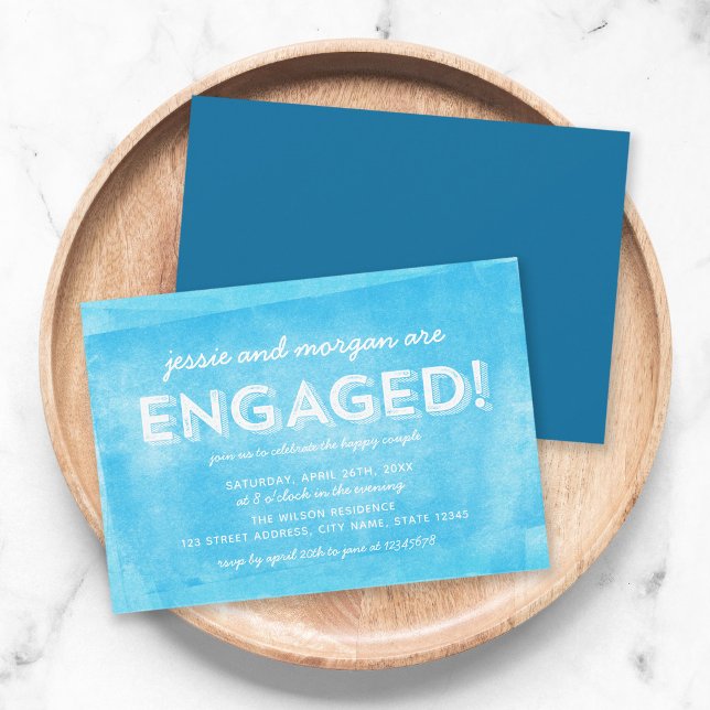 Blue Rolled Ink Engaged! Engagement Party Invitation (Creator Uploaded)