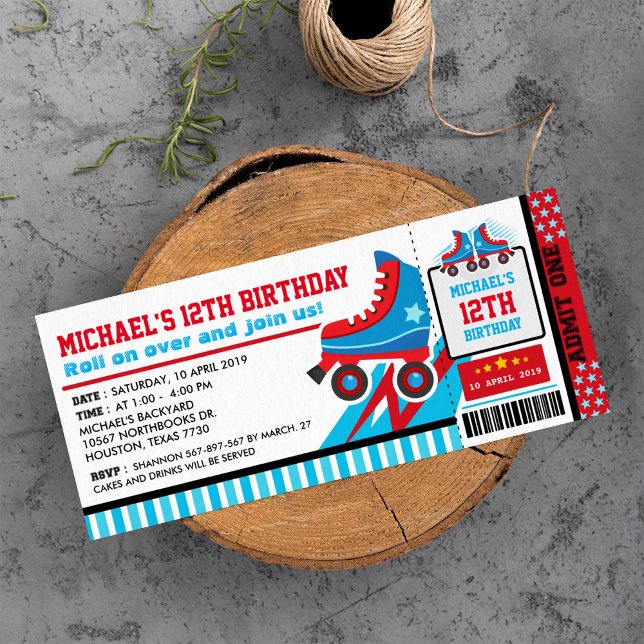 Blue Roller Skate Sport Ticket Pass Birthday Invitation (Creator Uploaded)