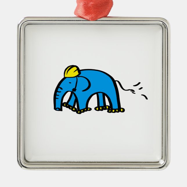 Blue Rollerblading Elephant w/ Yellow Helmet Metal Tree Decoration (Front)
