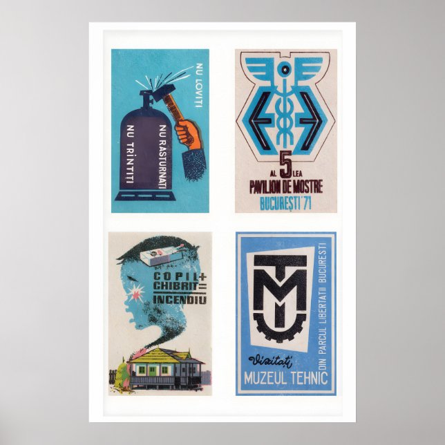 Blue Romanian Matchbox Labels Grid Print, Vintage Poster (Front)