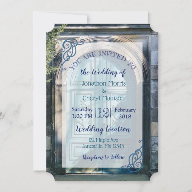Blue Romantic Door Wedding Invitations (Front)