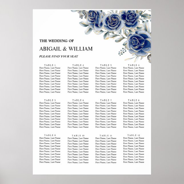 Blue Romantic Floral Wedding Seating Chart Poster (Front)