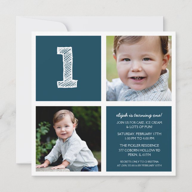 Blue Room for Squares First Birthday Party Photo Invitation (Front)