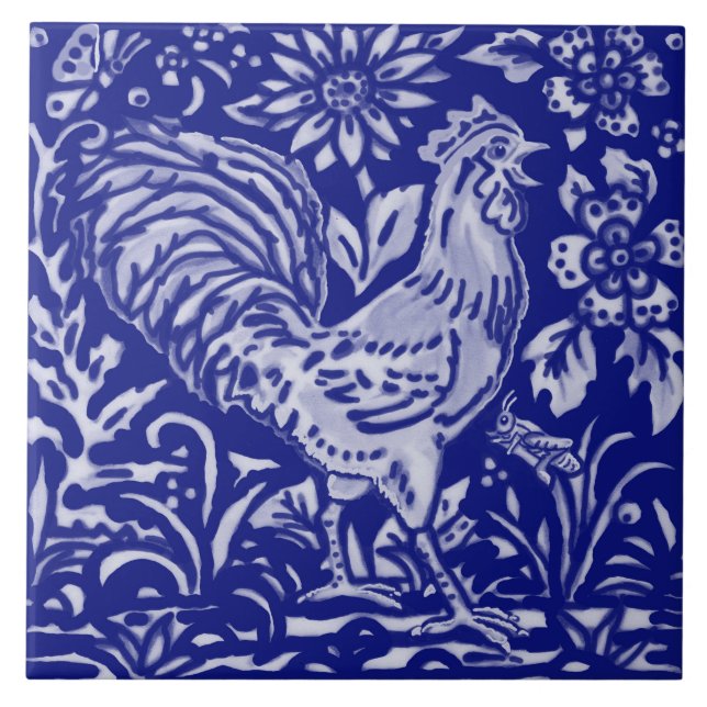 Blue Rooster Chicken Floral Farmhouse Rustic Art Ceramic Tile (Front)