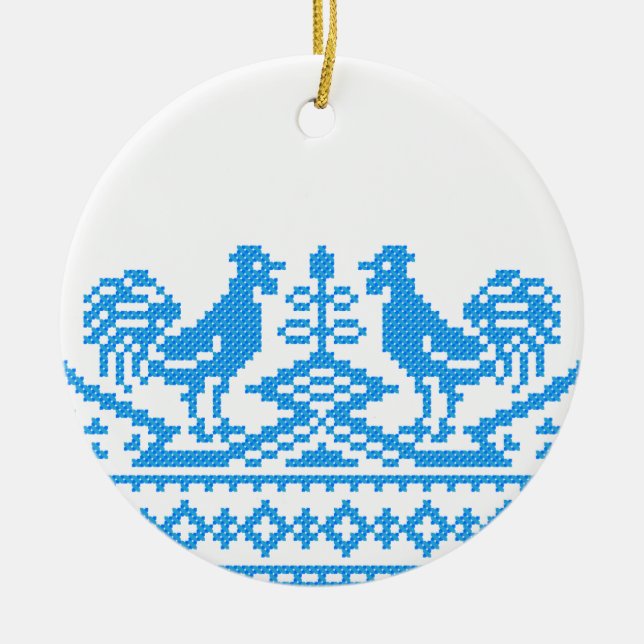 Blue Rooster cross-stitch Ceramic Tree Decoration (Front)