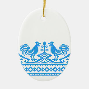 Blue Rooster cross-stitch Ceramic Tree Decoration