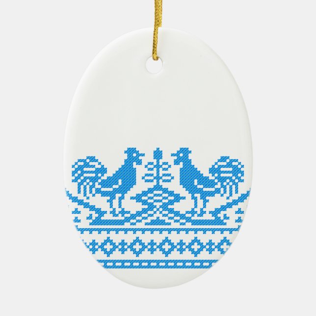 Blue Rooster cross-stitch Ceramic Tree Decoration (Front)