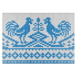 Blue Rooster cross-stitch design Cutting Board
