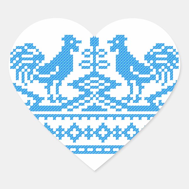 Blue Rooster cross-stitch Heart Sticker (Front)