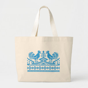 Blue Rooster cross-stitch Large Tote Bag