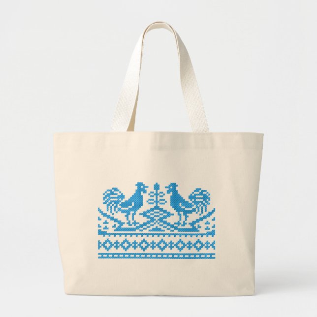 Blue Rooster cross-stitch Large Tote Bag (Front)