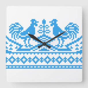 Blue Rooster cross-stitch Square Wall Clock