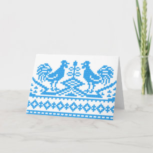 Blue Roosters cross-stitch Holiday Card