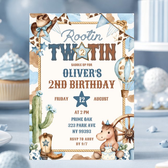 Blue Rootin Two-Tin Second Birthday Invitation (Creator Uploaded)