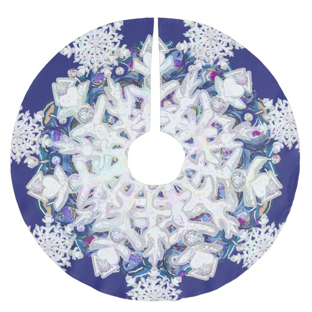 Blue rosace & snowflake brushed polyester tree skirt (Front)