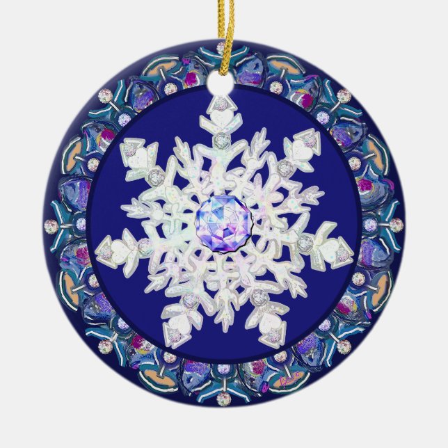 Blue rosace & snowflake ceramic ornament (Front)