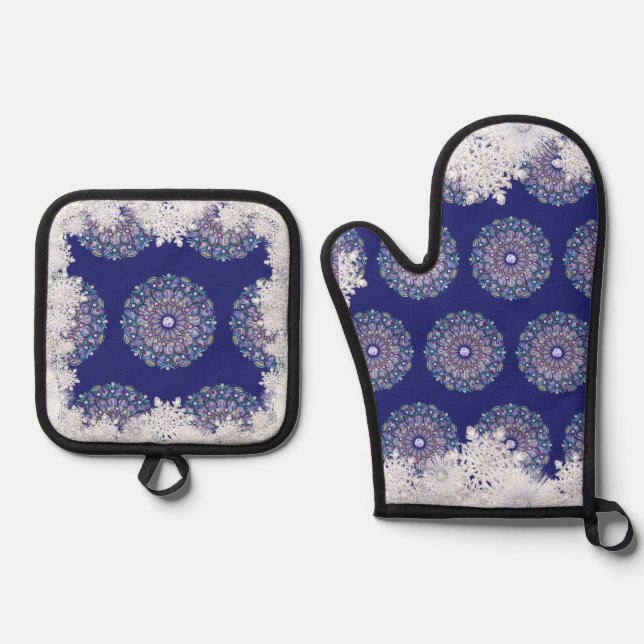 Blue rosace & snowflake oven mitt & pot holder set (Front)