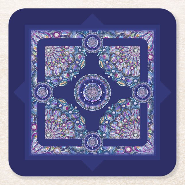 Blue Rosace Square Paper Coaster (Front)