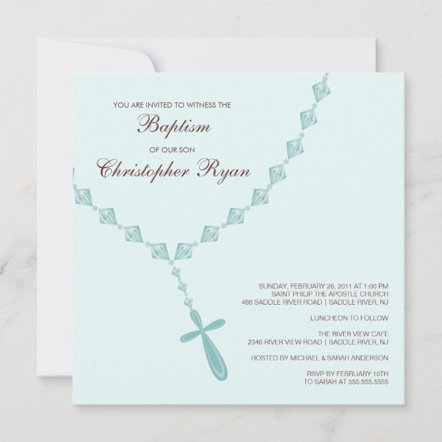 Blue Rosary Beads Baby Boy Baptism Inviation Invitation (Front)