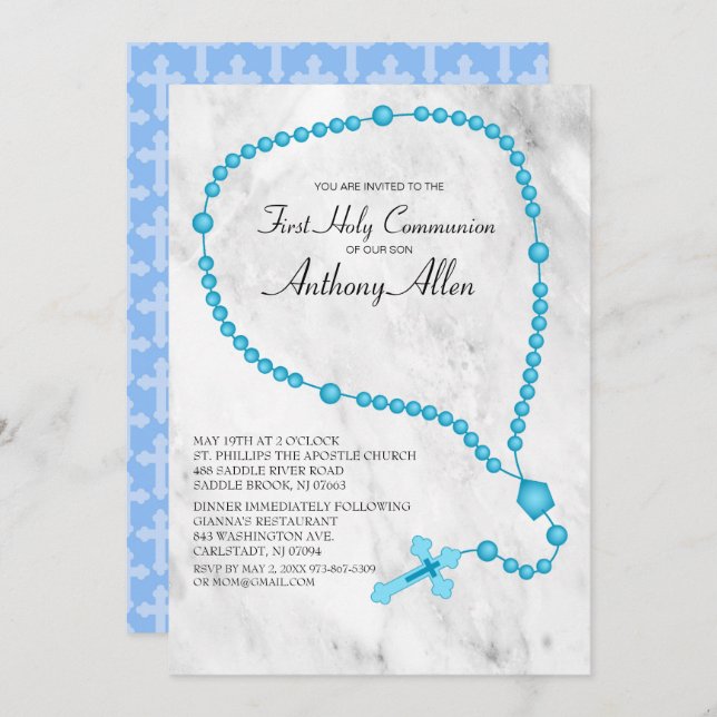 Blue Rosary Beads First Holy Communion Invitation (Front/Back)