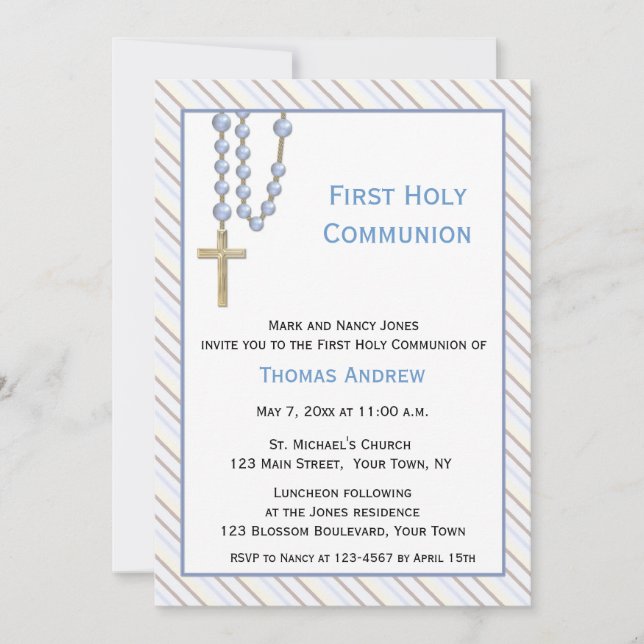 Blue Rosary Beads, Stripes, Religious Invitation (Front)