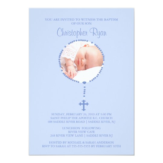 BLUE Rosary Cross Photo Baptism Inviation BOY Card